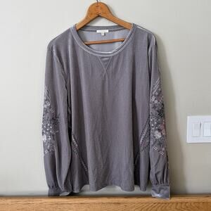 KATE & SAM Gray Embroidered Floral Sleeve Velvet V-Neck Long Sleeve Top Size XXL